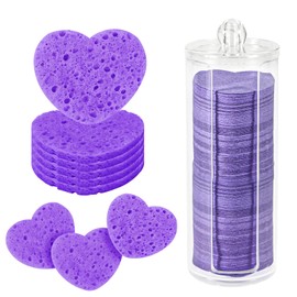 120pcs Facial Sponges, Compressed Facial Sponges with Container Heart Shape Face Sponges Sponge Pads for Face Cleaning Removing Makeup Exfoliating (Purple)