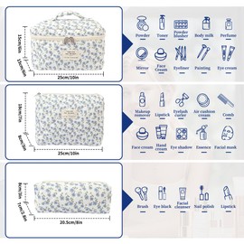 PRRQFJZS Small Makeup Bag Quilted Cosmetic Bag, Big Floral Make Up Bag for Women Girls, Cute Cotton Makeup Bag, Flower Travel Toiletry Organizer Bag（Checkered flowers）