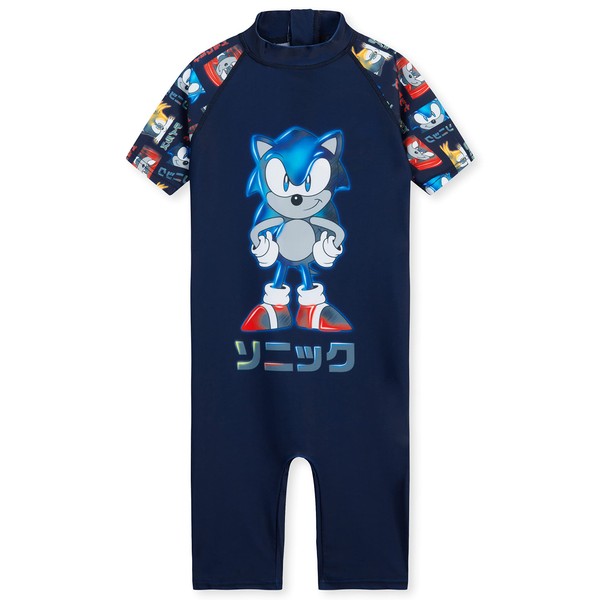 Sonic The Hedgehog Children's Boy's Swimming Costume Short Sleeve Shorts Clothing Summer Beach Swimming Pool Children 3-10 Years Official Sonic, navy blue