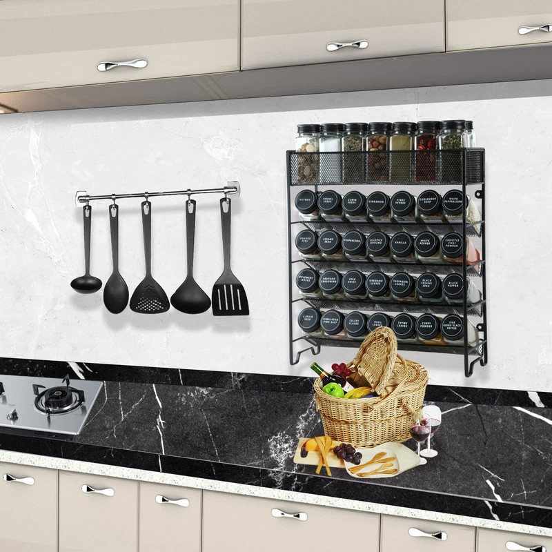 Skiileor Spice Rack Organizer with 28 Spice Jars, Black Lids，Spice