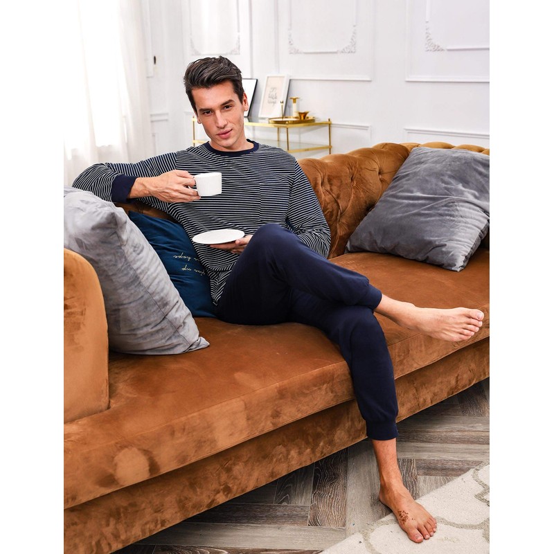 Sykooria Long Men's Pyjamas with Cotton Cuffs, 2-Piece Pyjamas with