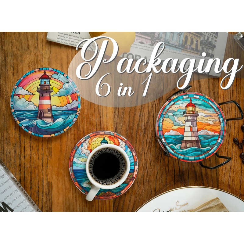 Lighthouse Gifts Coaster, Ceramic, Set of 6, with Gift Box,