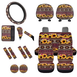 Cxdvotvy Aztec Sunflower Cow Car Seat Cover Full Sets, 16 Piece Set Horse Car Front/Rear Seat Cover Steering Wheel Cover Seat Belt Cover Armrest Pad Handbrake Cover and Gear Shift Cover