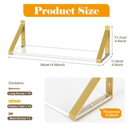 Cilinta Clear Shelves, Gold Floating Shelves Wall Mounted Set of 2, 8mm Transparent Acrylic, Invisible Wall Shelves for Bedroom, Living Room, Bathroom, Kitchen, Office Display Decor (15in)