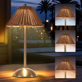 Quipzora Cordless Table Lamp,Small Lamps with 3 Colors,Dimmable Rechargeable Rattan Light,Aesthetic Lighting for Bedroom Living Room Office Outdoor Home Decor
