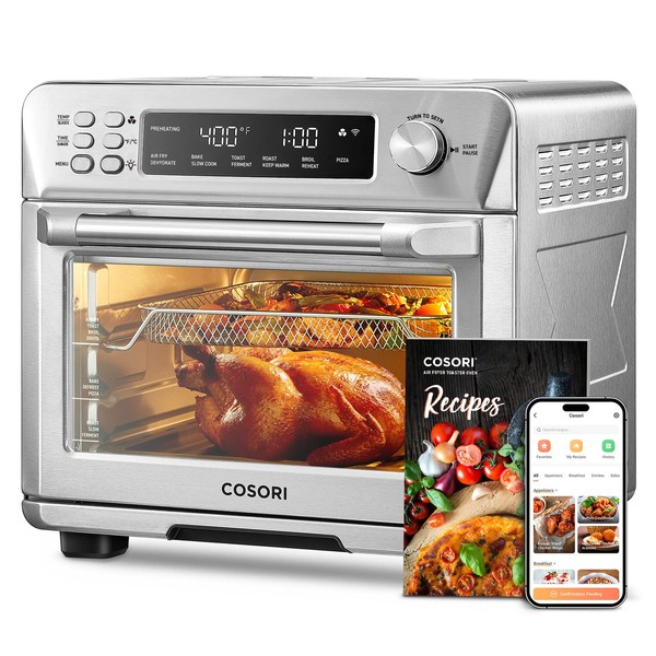 COSORI Smart 12-in-1 Air Fryer Toaster Oven Combo, Airfryer Convection Oven Countertop, Bake, Roast, Reheat, Broiler, Dehydrate, 75 Recipes & 3 Accessories, 26QT, Silver-Stainless Steel