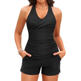 Traje de baño tankini para mujer con pantalones cortos, traje de baño halter de dos piezas con control de abdomen 2025, Negro -, X-Large