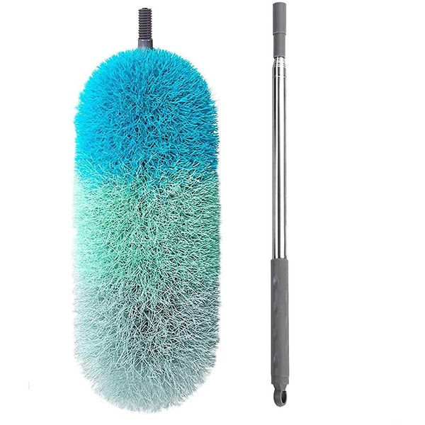 BOOMJOY Microfiber Feather Duster with Extendable Pole, 100" Telescoping Cobweb Duster for Cleaning, Bendable Head, Washable Duster for Ceiling, Fan, Furniture-Blue
