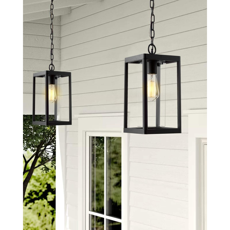 Beionxii Outdoor Pendant Light, Modern Exterior Hanging Porch Lantern, Black