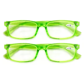 V.W.E. 2 Pairs Casual Rectangular Reading Glasses - Stylish Simple Readers Magnification Transparent Blue Red Clear (2 Green, 2.50)