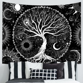 Tree of Life Tapestry for Bedroom, Large Black and White Art Wall Hanging, 60" x 79" Dark Grey Sun and Moon Tapestries, Star Galaxy Space Aesthetic Wall Decor for Living Dinning Room