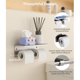 FreshGlow Double Toilet Paper Holder with Shelf, Wall Mount Tissue Roll Holder for Bathroom, 304 Stainless Steel Commercial Toilet Paper Dispenser with Phone Shelf, Brushed Nickel