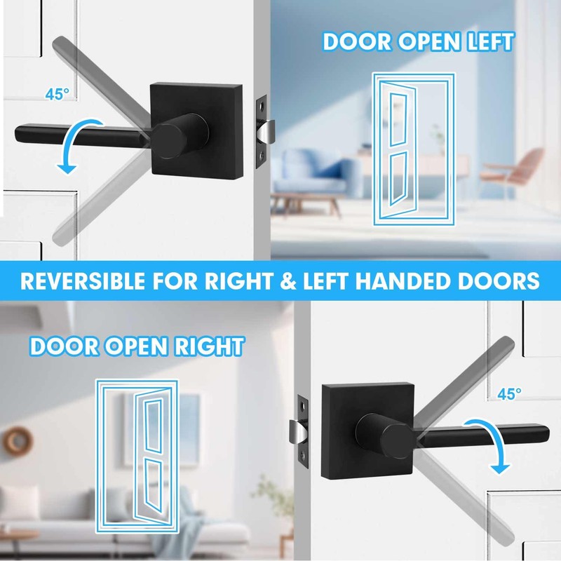RAZCC Passage Door Handles, 6 Pack Square Black Interior Door