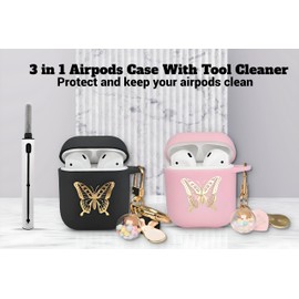 REDX1 [2 Pack] Case Compatible with Airpod 1 & Airpods 2nd Generation,Protective Cover with Cleaner Pen, Lucky Ball Keychain Accessories,Soft TPU for Women,Girl,Teen,(Black,Pink)