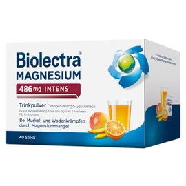 Biolectra® MAGNESIUM 486 mg INTENS Highest Dose - For Muscle and Calf Cramps, Vegan Drinking Powder, Orange Mango, Pack of 40