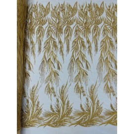 New Creations Fabric & Foam Leaf Design Lace - Gold - Beaded Leaves Pattern Fabric on Lace Sold By Yard