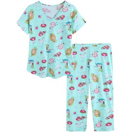 CHUNG Women Cotton Blend Pyjamas Set Short Sleeve Top Capri Pants Plus Size S-3XL Sleepwear Nighties Green Flamingo,L