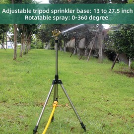 Impact Sprinkler on Retractable Tripod Base, Heavy Duty Zinc Alloy Water Sprinkler for Yard Lawn Garden, 0-360° Rotate Large Area Coverage, 1/2'' Universal Connector with Brass Sprinkler Head