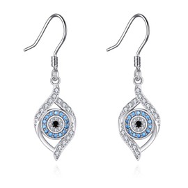 JERWLI Evil Eye Earrings 925 Sterling Silver Blue Eye Dangle Drop Earrings Luck Amulet Protection Evil Eye Jewelry Gift for Women