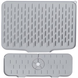 Dish Drying Mat for Kitchen Counter with Built-in Drain Lip and Kitchen Sink Splash Guard, Food-Grade Silicone, Easy Clean Pad for Countertop Protection, Multi-Functional Use, 2pack (Grey, Large)