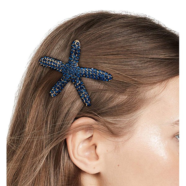 Crystal Rhinestone Starfish Hair Barrettes Metal Hair Clips Fashion Starfish Hairpin Women Hairstyle Tools Accessories (Blue)
