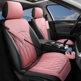 BEITK 2 Pack Leather Front Car Seat Covers, Universal Sideless Car Seat Protectors with Storage Pocket and Seat Belt Pads, Waterproof Automotive Seat Cover for Cars Trucks SUV(Pink)