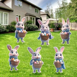 6 PCS Easter Bunny Decorations Outdoor Easter Garden Bunny Signs Spring Home Decor Outdoor Corrugated Plastic with Metal Stake Waterproof Garden Front Yard Lawn Signage