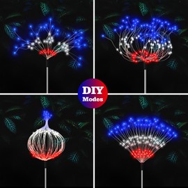 4th of July Decorations Solar Firework Lights, 8 Pack Red White and Blue Lights with 8 Lighting Modes, Solar Garden Stake Light for Outdoor Yard Pathway Patio Party Lawn Patriotic Decor