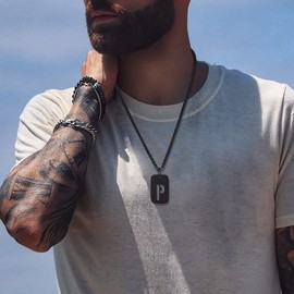 Bandmax Black Initial Necklace for Men Women A Initial Pendant Black Plated Dog Tag Chain with Letter A Charm with Spiga Chain Birthday Gift for Father Husband Son