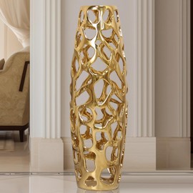 ARSTRIA Ceramic Vase Large Floor Vase Handmade Ceramic Flower Holder Hand Carved Sophisticated Vessel for Decorative Branches and Dried Flowers 24 Inches Gold