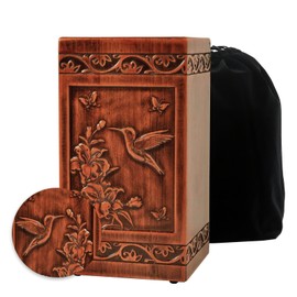 Wooden Urn for Ashes Adult Male Female,Decorative Burial Funeral Memorial Urn, Burial Casket Keepsake with Velvet Bag (Brown, 10, Hummingbird)