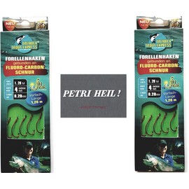 Set: 2-6 packs of tied trout hooks (10-30 pieces) to fluoro-carbon line leader, hook size 4, 6 & 8 from Behr + free Petri Heill! sticker (2 packs hook size 4)
