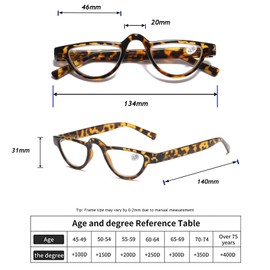 Hubeye 3 Pairs Plastic Retro Half Moon Frame Reading Glasses Lightweight Spring Hinge Women and Men Reader Leopard print/Leopard print/Leopard print +3.0