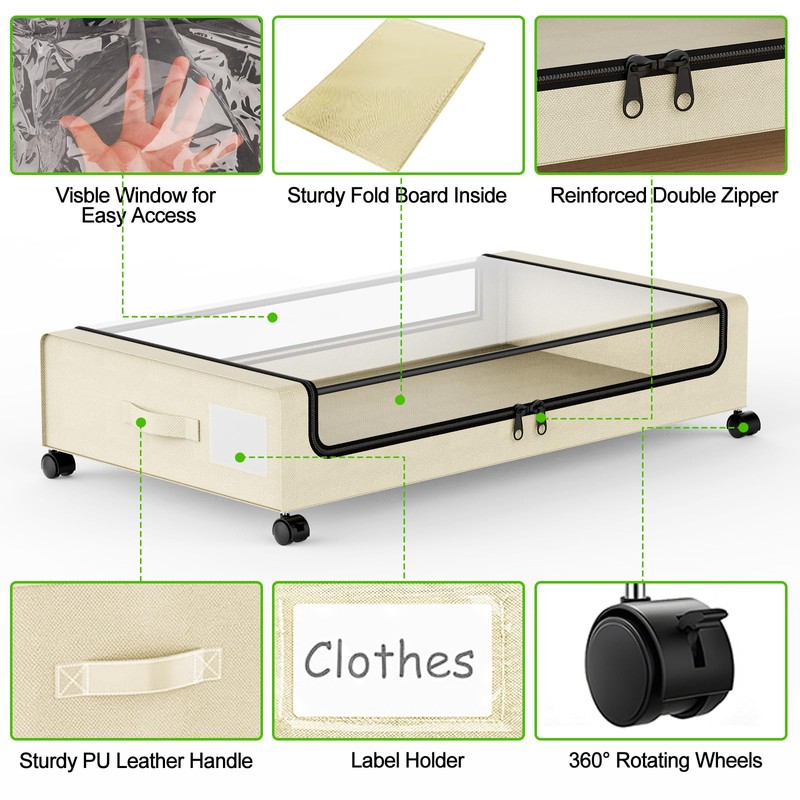 Molutsody Under Bed Storage with Wheels, 4-Pack UnderBed Storage Containers