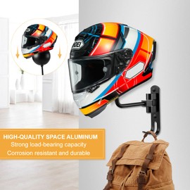 PAHTTO Motorcycle Helmet Holder, Helmet Rack Wall Mount 180 Degree Rotation Helmet Hanger with Double Hook for Coats, Caps, Hats, Motorcycle Accessories