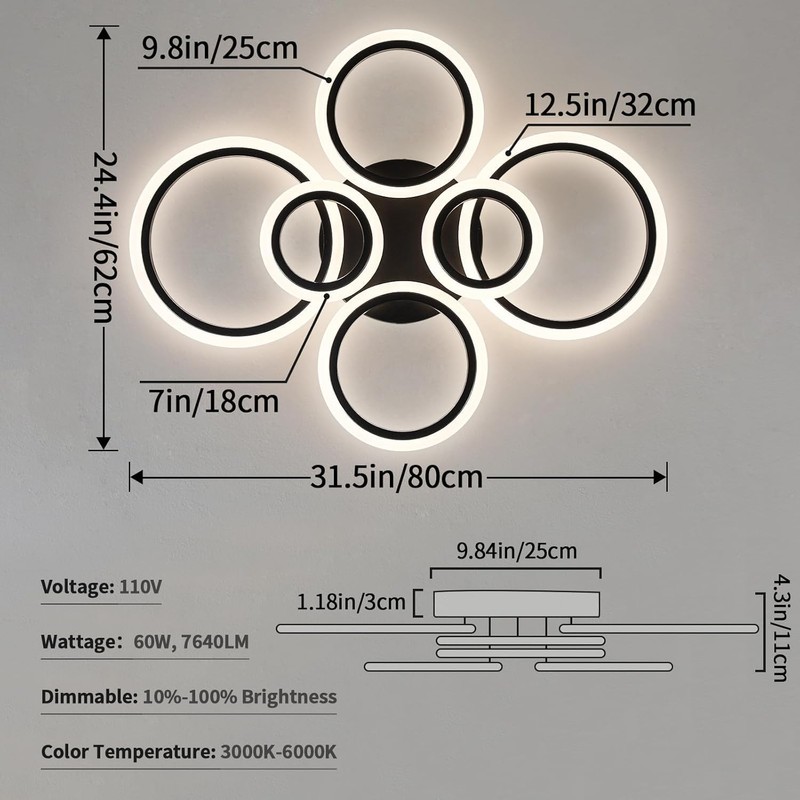 Shine LUEST 6 Rings Black Modern LED Ceiling Light Fixture,