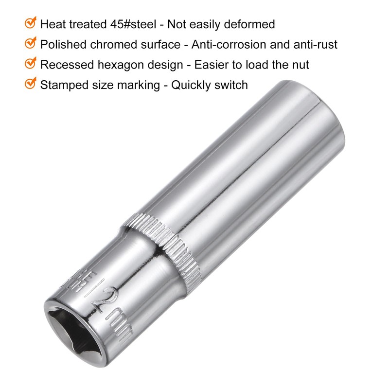 sourcing map 6-Point Socket 3/8" Drive 12mm Deep 2.44" Length