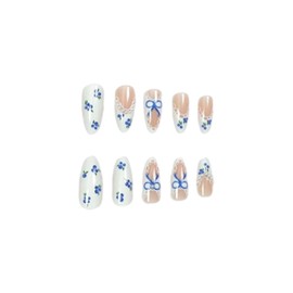SINHOT Almond Press on Nails Medium - Blueberries Fake Nails Glossy Glue on Nails Blue Bowknot & White Pearls Stiletto Stick on False Nail with Design DIY 24 pcs