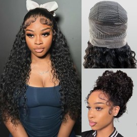 ADESORAES 360 Glueless Curly Human Hair Wig 22 Inch Pre Plucked Hidden Strap Water Wave Lace Front Human Hair Wigs With Drawstring 180% Density Wet and Wavy HD Full 360 Lace Frontal Wigs