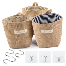 Hotipine Pack of 3 Retro Hanging Storage Bag, Cotton Linen Foldable Small Baskets with Handle and Hook for Toy Makeup Keys (14 x 13 cm)