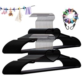 ZRKFSR Plastic Hangers 50 Pack, Heart-Shaped Clothes Hanger Ultra Thin Space Saving - Black Slim Hangers with 360 Degree Swivel Hook & Travel Clothesline - Adult Coat Hangers for Dress, Shirts, Coats