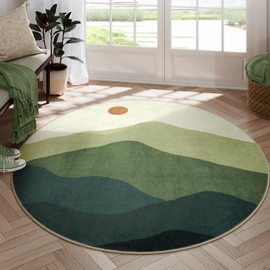 Sungea 6ft Round Rugs for Living Room,Soft Washable Non-Slip Large Circle Rug,Chic Mountain Low-Pile Circular Bedroom Rug Indoor Round Carpets for Kidsroom/Nursery/Office(Green)