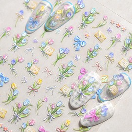 5D Embossed Tulip Bouquet Flower Nail Stickers for Women, Aurora Tulip Flowers Bow Flower Nail Decals for Nail Art Supplies Vintage Tulips Floral Stickers for Nails Design Manicure Decor Sticker Nails