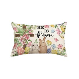 AVOIN colorlife He is Risen Easter Throw Pillow Cover, 12 x 20 Inch Bunnies Flowers Cross Cushion Case Decoration for Sofa Couch