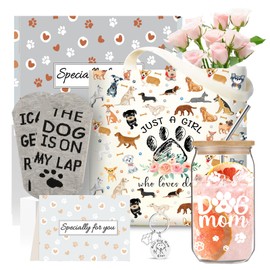 Haclury Dog Mom Gifts for Women, Dog Themed Christmas Gifts,Birthday Gifts for Mom, Dog Lovers Gifts for Sister Wife, 16OZ Glass Cup Gifts Set with Dog Mom Canvas Tote Bag