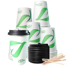 16 oz Compostable Paper Cups with Black Dome Lids and Wooden Stirrers - Biodegradable Disposable White Paper Coffee Cups PLA Lined - Eco-friendly Hot and Cold Drinking Cups (200)