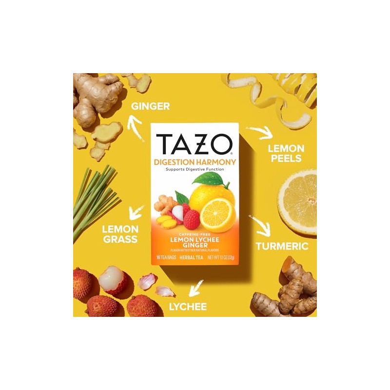 TAZO Herbal Tea Bags, Digestion Harmony Lemon Lychee Ginger, 16