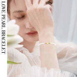 Gold Pearl Bracelets for Women Trendy Dainty Initial Bracelet，Heart Charm Bracelets Dainty Pearl Bracelets Jewelry for Women Trendy (M)