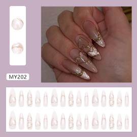 24Pcs Long Press on Nails Almond Fake Nails with Design Full Cover Gold Heart Glue on Nails Pink Shine Acrylic Nails Metallic Line Stick on Nails Reusable Artificial False Nails for Women Nails