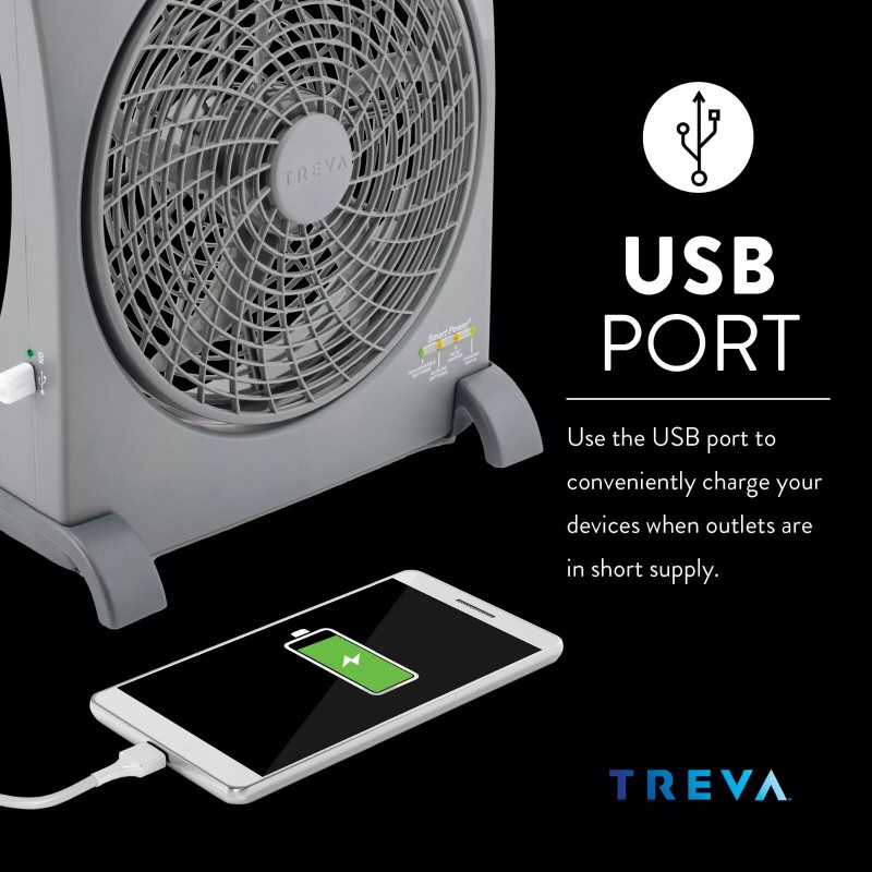 TREVA 10" Smart Power Rechargeable Fan with AC/DC Adapters